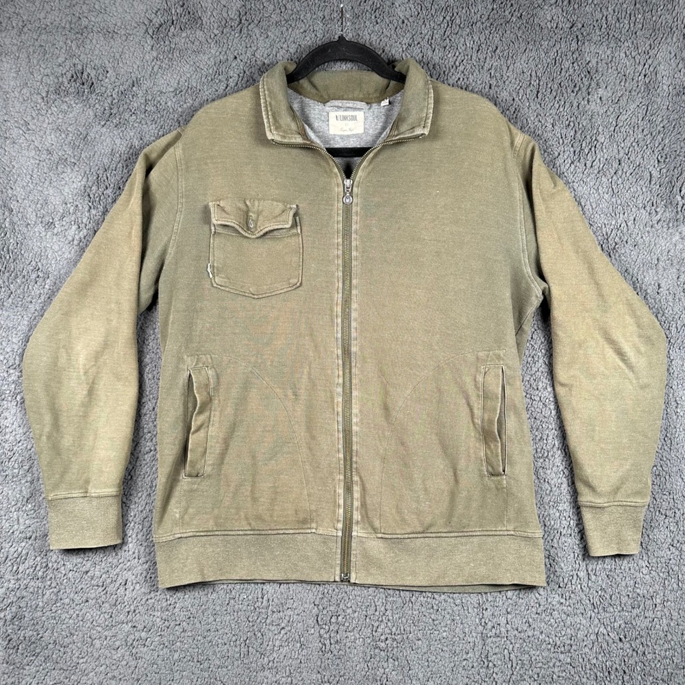 Linksoul Mens Full Zip Sweatshirt Olive Green Utility Jacket Golf Size M Pockets